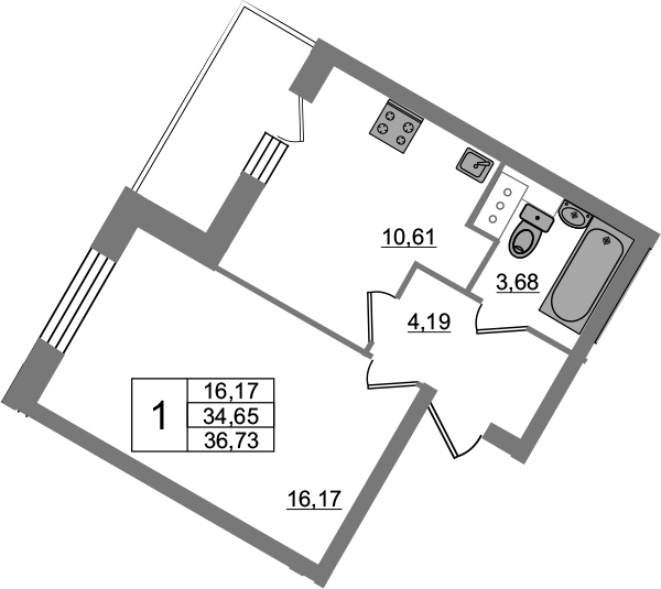 1-комнатная 38 м<sup>2</sup> на 7 этаже 1-комнатная 38 м<sup>2</sup> на 7 этаже