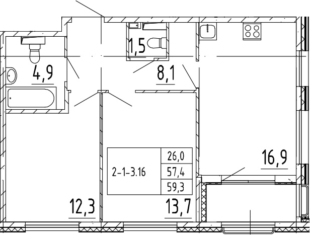 3-комнатная 61 м<sup>2</sup> на 2 этаже 3-комнатная 61 м<sup>2</sup> на 2 этаже