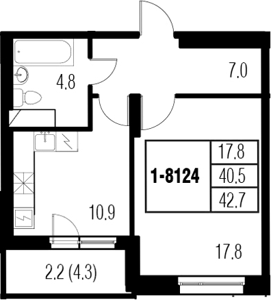 1-комнатная 44 м<sup>2</sup> на 12 этаже 1-комнатная 44 м<sup>2</sup> на 12 этаже