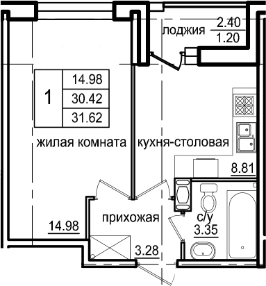 1-комнатная 32 м<sup>2</sup> на 4 этаже 1-комнатная 32 м<sup>2</sup> на 4 этаже