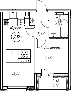 2-комнатная 37 м<sup>2</sup> на 17 этаже 2-комнатная 37 м<sup>2</sup> на 17 этаже