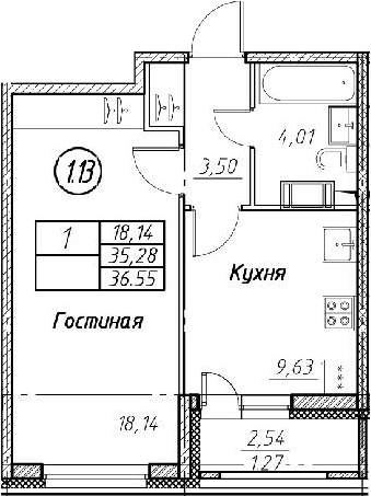 1-комнатная 37 м<sup>2</sup> на 3 этаже 1-комнатная 37 м<sup>2</sup> на 3 этаже