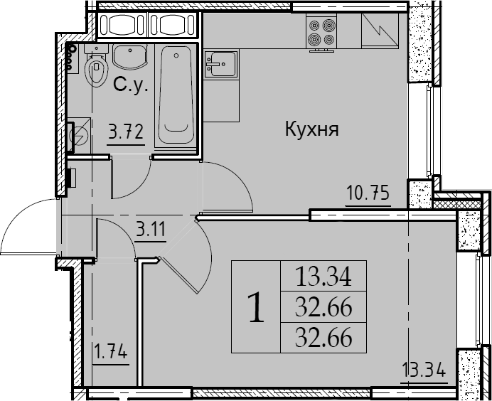 1-комнатная 32 м<sup>2</sup> на 1 этаже 1-комнатная 32 м<sup>2</sup> на 1 этаже