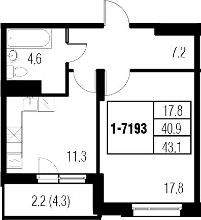 1-комнатная 45 м<sup>2</sup> на 19 этаже 1-комнатная 45 м<sup>2</sup> на 19 этаже