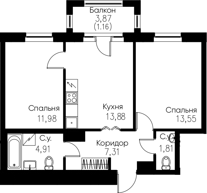 2-комнатная 57 м<sup>2</sup> на 6 этаже 2-комнатная 57 м<sup>2</sup> на 6 этаже