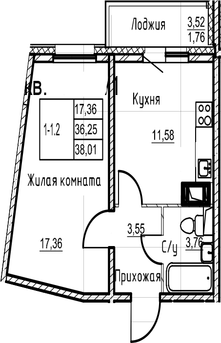 1-комнатная 39 м<sup>2</sup> на 3 этаже 1-комнатная 39 м<sup>2</sup> на 3 этаже