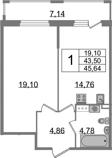 1-комнатная 50 м<sup>2</sup> на 8 этаже 1-комнатная 50 м<sup>2</sup> на 8 этаже