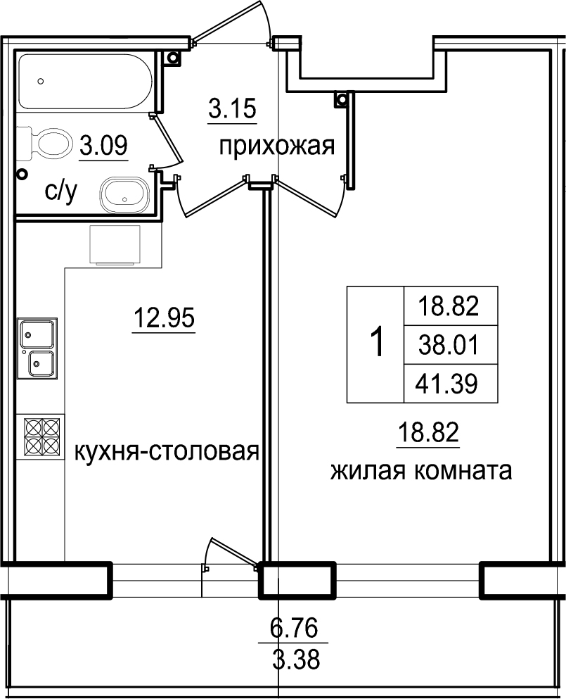 1-комнатная 44 м<sup>2</sup> на 3 этаже 1-комнатная 44 м<sup>2</sup> на 3 этаже