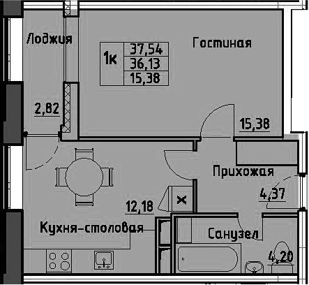 1-комнатная 38 м<sup>2</sup> на 13 этаже 1-комнатная 38 м<sup>2</sup> на 13 этаже