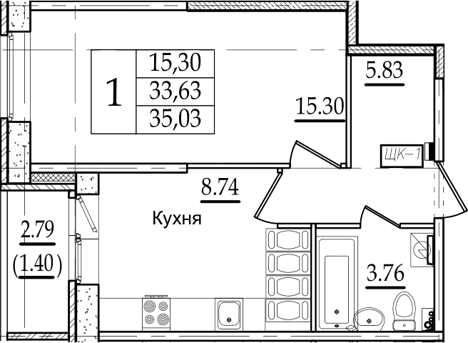 1-комнатная 36 м<sup>2</sup> на 22 этаже 1-комнатная 36 м<sup>2</sup> на 22 этаже