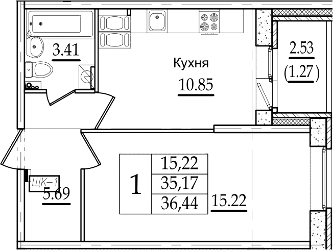 1-комнатная 37 м<sup>2</sup> на 11 этаже 1-комнатная 37 м<sup>2</sup> на 11 этаже