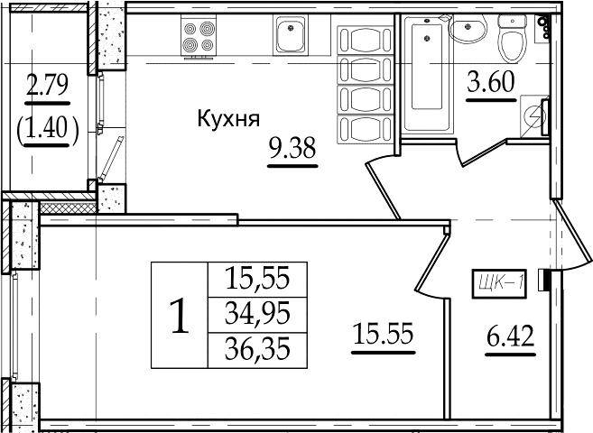 1-комнатная 37 м<sup>2</sup> на 16 этаже 1-комнатная 37 м<sup>2</sup> на 16 этаже