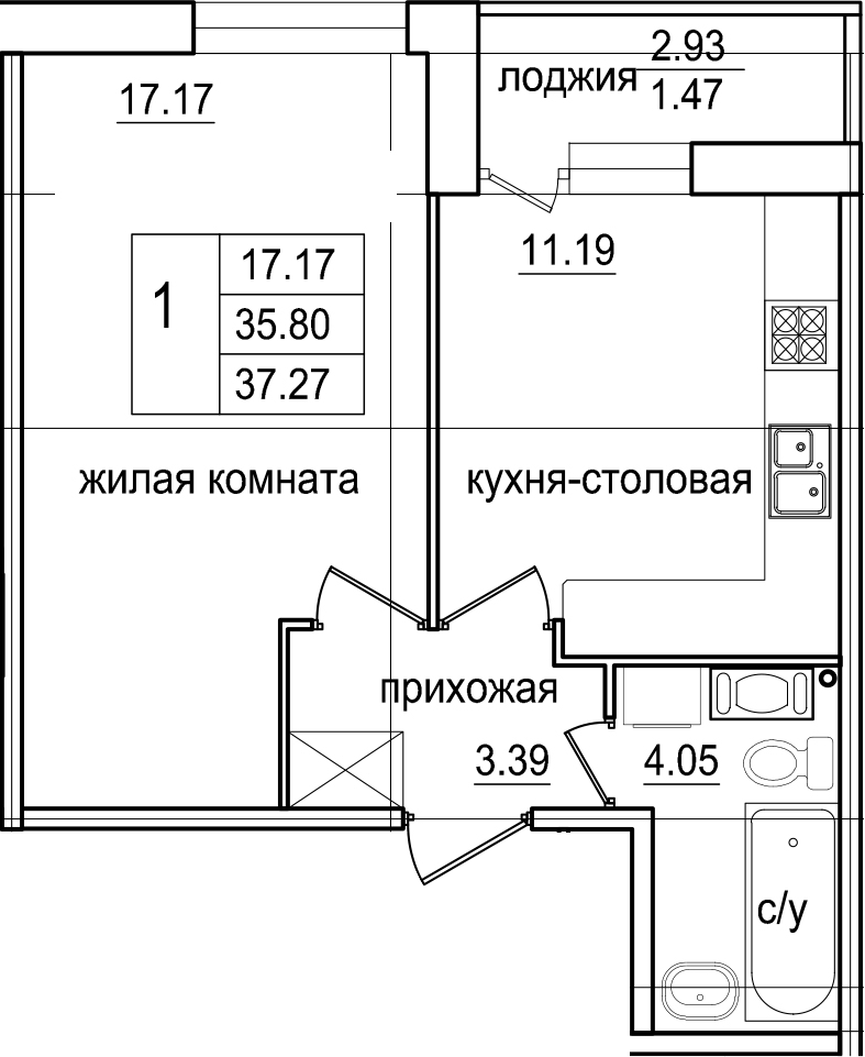 1-комнатная 38 м<sup>2</sup> на 3 этаже 1-комнатная 38 м<sup>2</sup> на 3 этаже