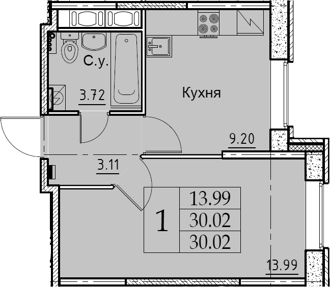 1-комнатная 30 м<sup>2</sup> на 2 этаже 1-комнатная 30 м<sup>2</sup> на 2 этаже