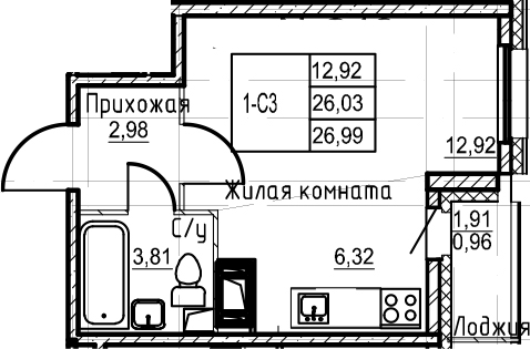 Студия 27 м<sup>2</sup> на 16 этаже Студия 27 м<sup>2</sup> на 16 этаже