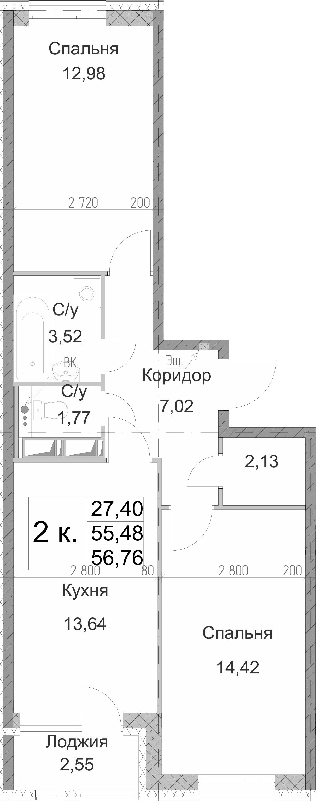 2-комнатная 58 м<sup>2</sup> на 13 этаже 2-комнатная 58 м<sup>2</sup> на 13 этаже