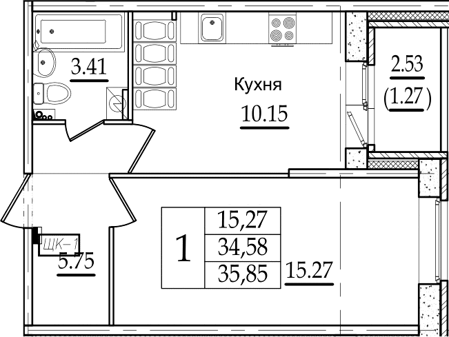 1-комнатная 37 м<sup>2</sup> на 19 этаже 1-комнатная 37 м<sup>2</sup> на 19 этаже