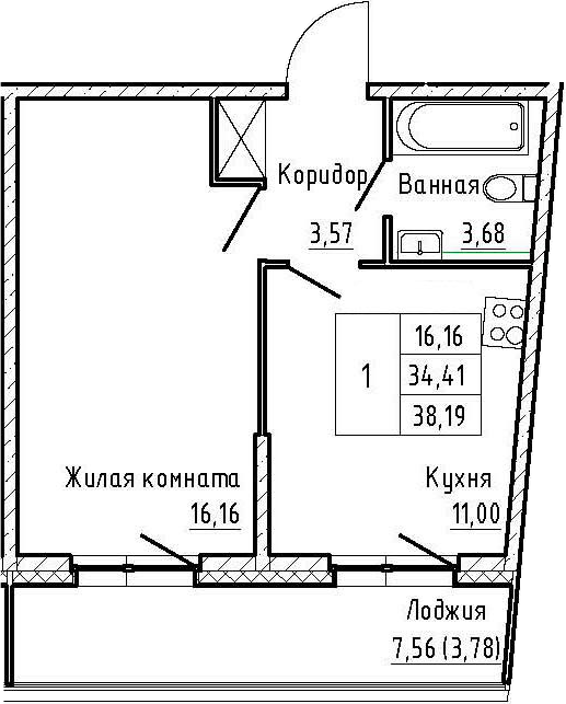 1-комнатная 41 м<sup>2</sup> на 2 этаже 1-комнатная 41 м<sup>2</sup> на 2 этаже