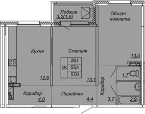 2-комнатная 58 м<sup>2</sup> на 6 этаже 2-комнатная 58 м<sup>2</sup> на 6 этаже