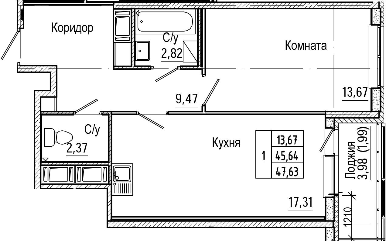 2-комнатная 49 м<sup>2</sup> на 4 этаже 2-комнатная 49 м<sup>2</sup> на 4 этаже