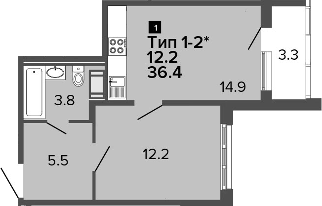 1-комнатная 39 м<sup>2</sup> на 15 этаже 1-комнатная 39 м<sup>2</sup> на 15 этаже