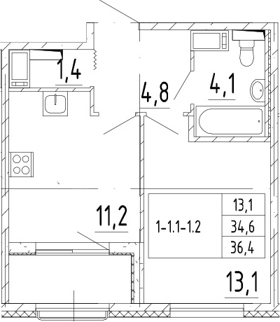 1-комнатная 38 м<sup>2</sup> на 3 этаже 1-комнатная 38 м<sup>2</sup> на 3 этаже