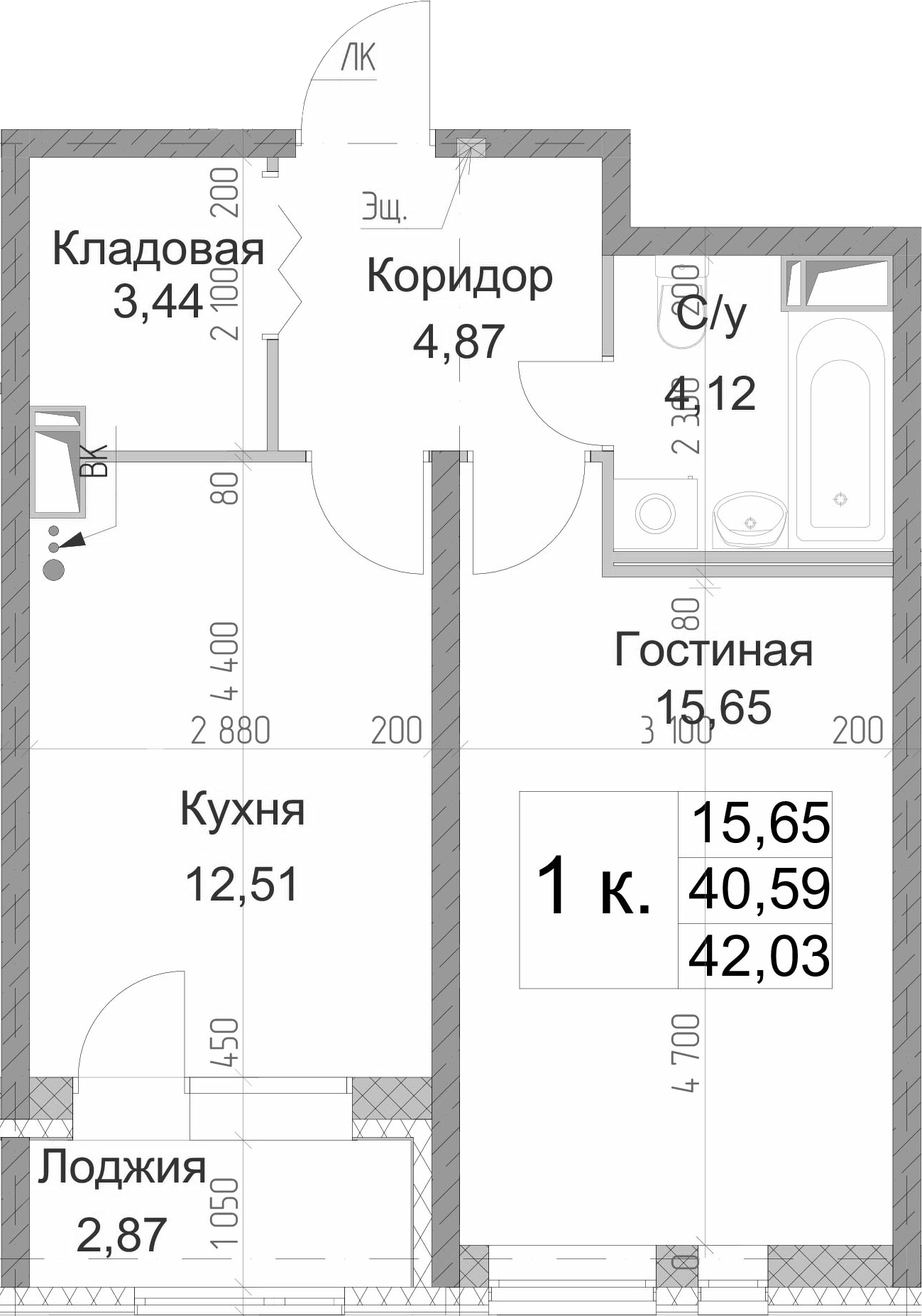 1-комнатная 43 м<sup>2</sup> на 2 этаже 1-комнатная 43 м<sup>2</sup> на 2 этаже