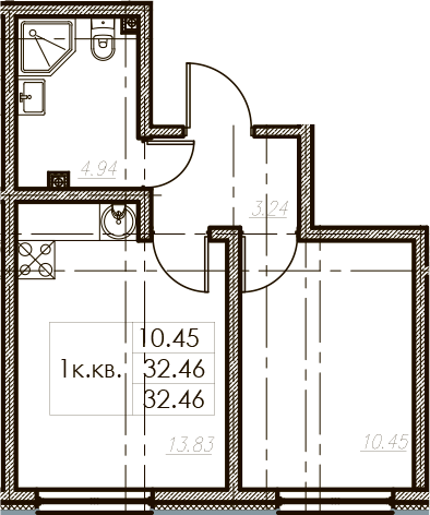 1-комнатная 32 м<sup>2</sup> на 2 этаже 1-комнатная 32 м<sup>2</sup> на 2 этаже