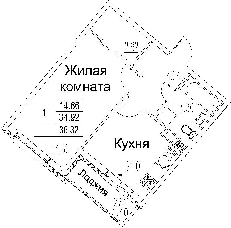 1-комнатная 37 м<sup>2</sup> на 11 этаже 1-комнатная 37 м<sup>2</sup> на 11 этаже