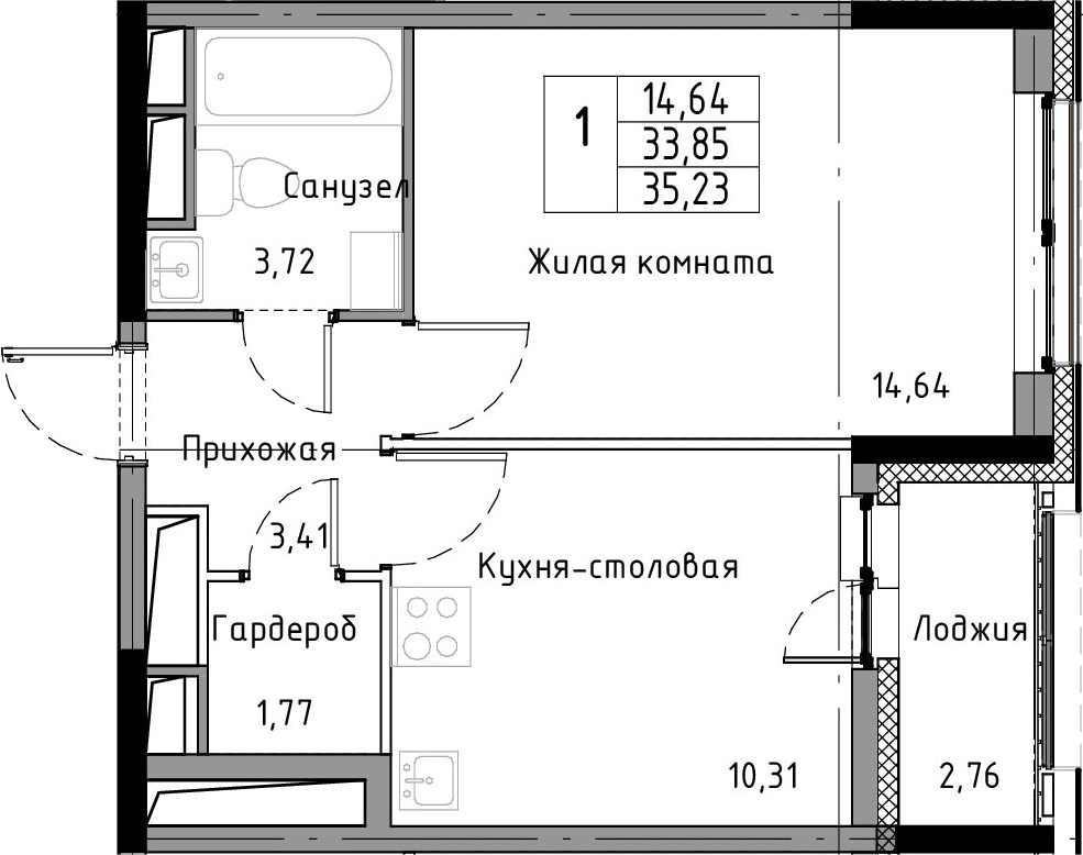 1-комнатная 36 м<sup>2</sup> на 4 этаже 1-комнатная 36 м<sup>2</sup> на 4 этаже