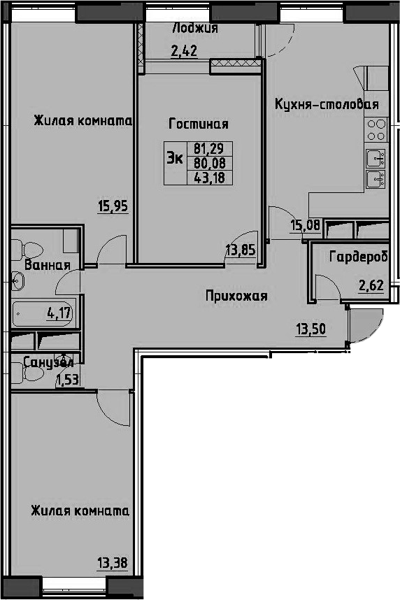 3-комнатная 82 м<sup>2</sup> на 3 этаже 3-комнатная 82 м<sup>2</sup> на 3 этаже