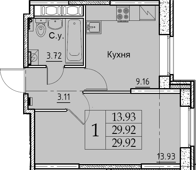 1-комнатная 29 м<sup>2</sup> на 1 этаже 1-комнатная 29 м<sup>2</sup> на 1 этаже