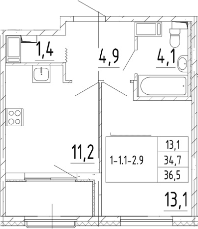 1-комнатная 38 м<sup>2</sup> на 3 этаже 1-комнатная 38 м<sup>2</sup> на 3 этаже