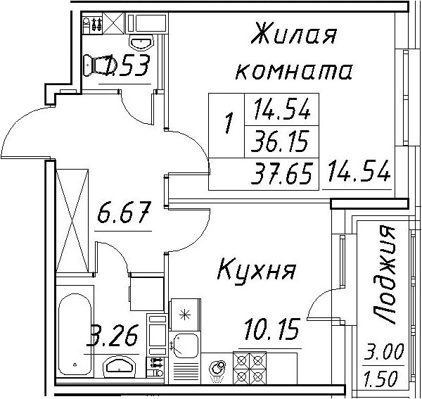 1-комнатная 39 м<sup>2</sup> на 3 этаже 1-комнатная 39 м<sup>2</sup> на 3 этаже