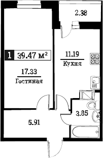 1-комнатная 40 м<sup>2</sup> на 8 этаже 1-комнатная 40 м<sup>2</sup> на 8 этаже