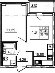 2-комнатная 38 м<sup>2</sup> на 4 этаже 2-комнатная 38 м<sup>2</sup> на 4 этаже