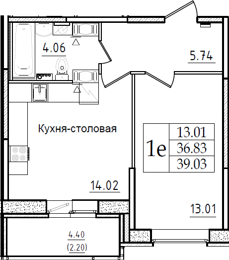 1-комнатная 41 м<sup>2</sup> на 2 этаже 1-комнатная 41 м<sup>2</sup> на 2 этаже