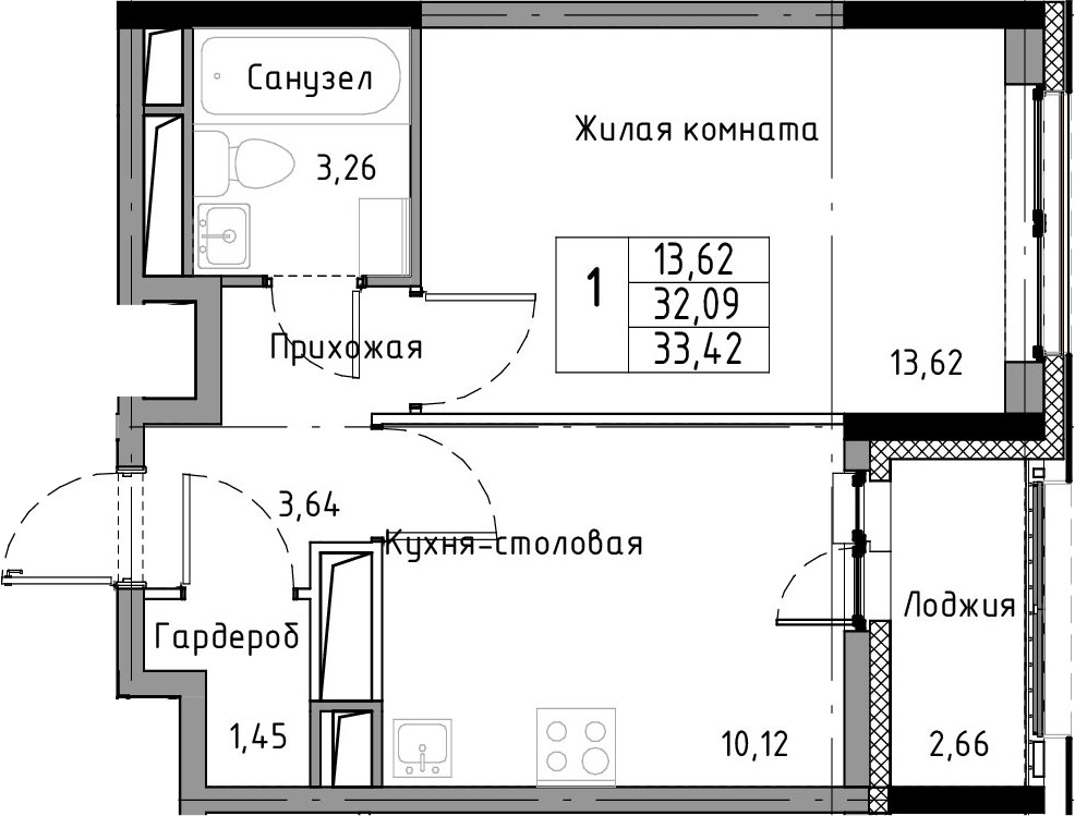 1-комнатная 34 м<sup>2</sup> на 12 этаже 1-комнатная 34 м<sup>2</sup> на 12 этаже