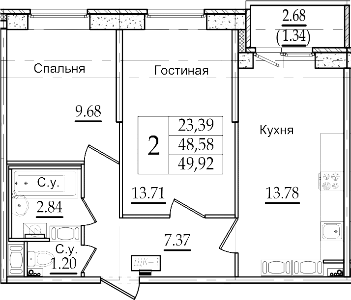 2-комнатная 51 м<sup>2</sup> на 22 этаже 2-комнатная 51 м<sup>2</sup> на 22 этаже
