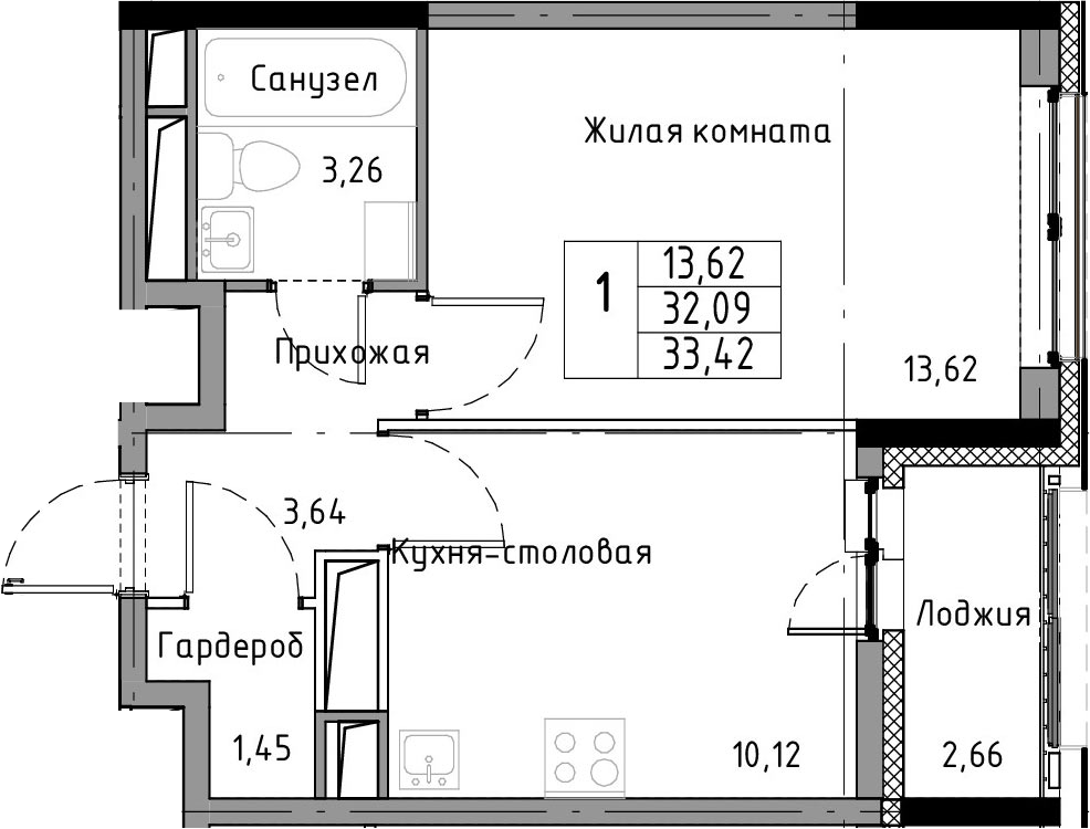 1-комнатная 34 м<sup>2</sup> на 11 этаже 1-комнатная 34 м<sup>2</sup> на 11 этаже