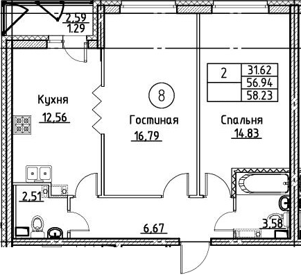 2-комнатная 59 м<sup>2</sup> на 2 этаже 2-комнатная 59 м<sup>2</sup> на 2 этаже