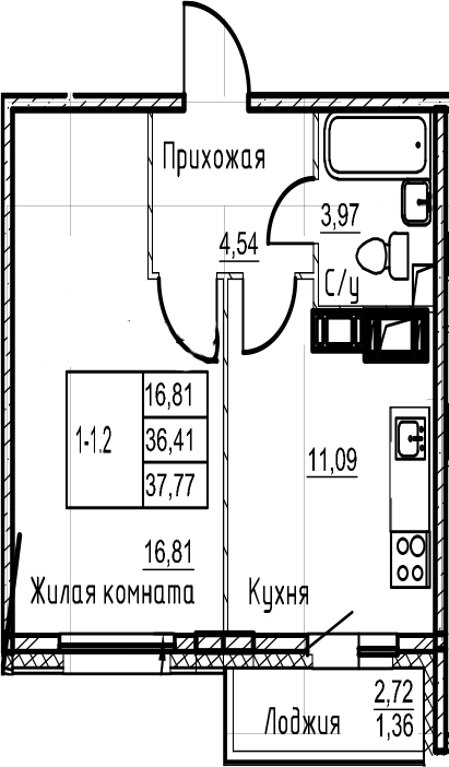 1-комнатная 39 м<sup>2</sup> на 20 этаже 1-комнатная 39 м<sup>2</sup> на 20 этаже