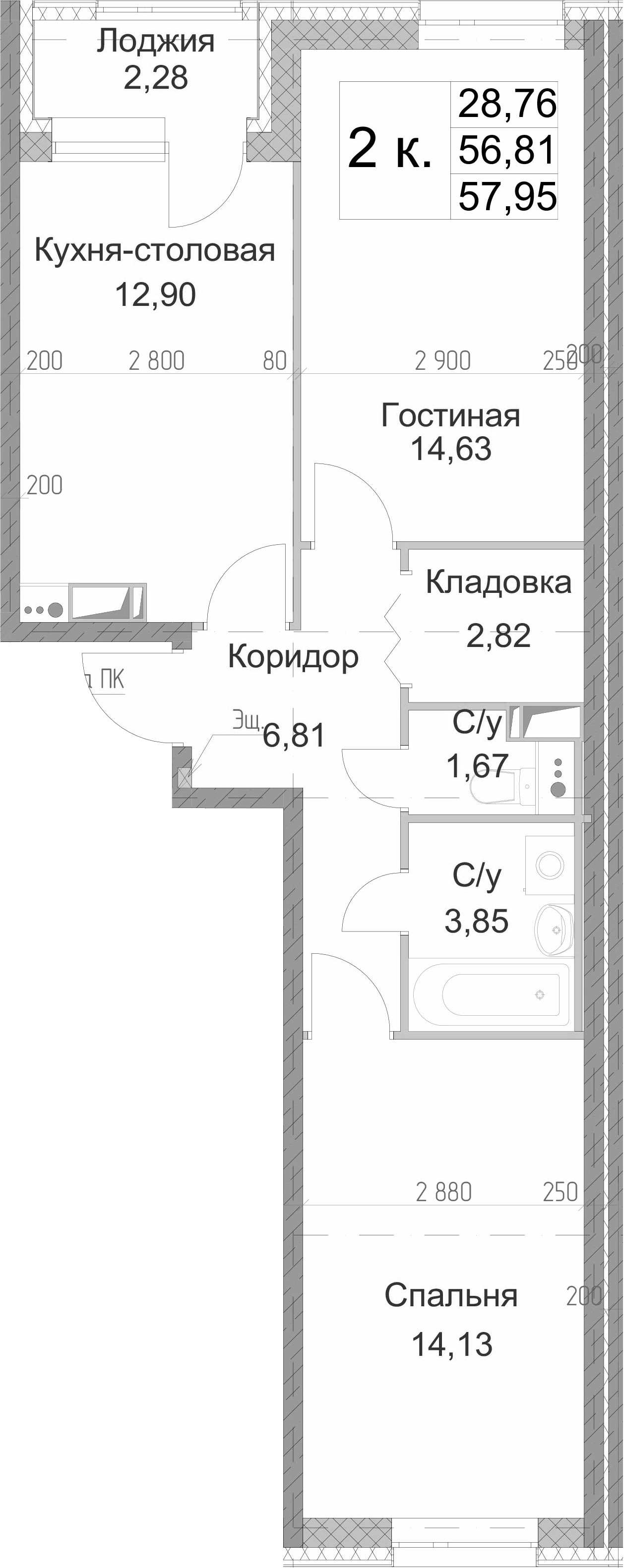 2-комнатная 59 м<sup>2</sup> на 8 этаже 2-комнатная 59 м<sup>2</sup> на 8 этаже