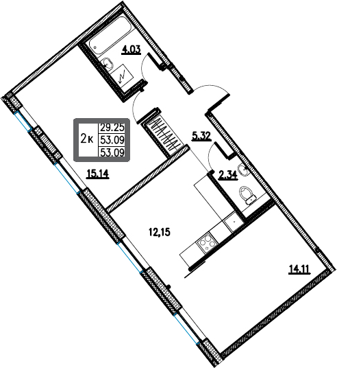 2-комнатная 53 м<sup>2</sup> на 2 этаже 2-комнатная 53 м<sup>2</sup> на 2 этаже