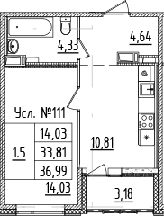 1-комнатная 36 м<sup>2</sup> на 5 этаже 1-комнатная 36 м<sup>2</sup> на 5 этаже
