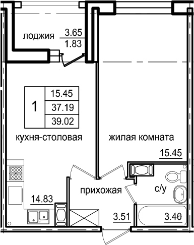 1-комнатная 40 м<sup>2</sup> на 11 этаже 1-комнатная 40 м<sup>2</sup> на 11 этаже