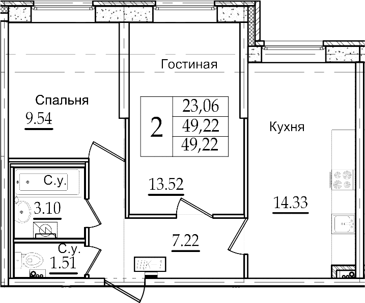 2-комнатная 49 м<sup>2</sup> на 1 этаже 2-комнатная 49 м<sup>2</sup> на 1 этаже