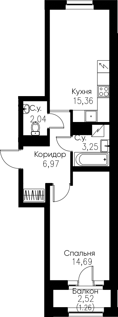 2-комнатная 44 м<sup>2</sup> на 3 этаже 2-комнатная 44 м<sup>2</sup> на 3 этаже