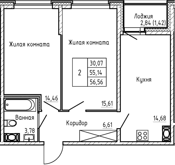 2-комнатная 57 м<sup>2</sup> на 2 этаже 2-комнатная 57 м<sup>2</sup> на 2 этаже