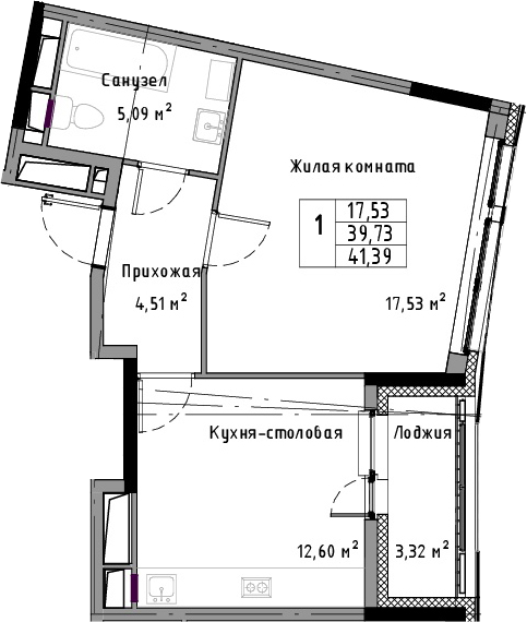1-комнатная 43 м<sup>2</sup> на 3 этаже 1-комнатная 43 м<sup>2</sup> на 3 этаже